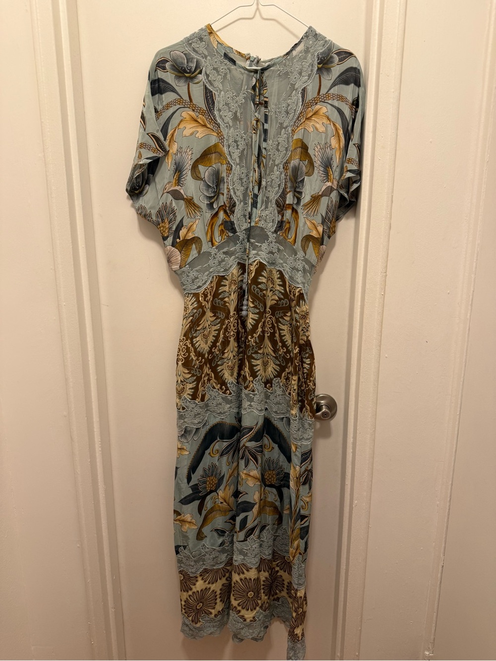 Floral Lace-Trim Midi Dress in Sage and Brown